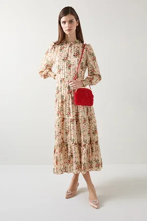 LK Bennett Flora Wildflower Midi Dress Cream