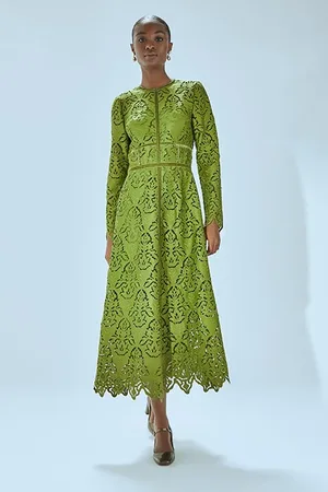 LK Bennett Gracie Lace Midi Dress Olive