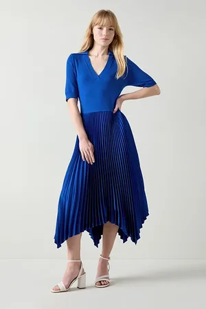LK Bennett Lorna Pleated Midi Dress Navy Ultrablue