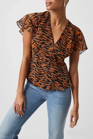 French Connection Iger Crinkle Mix V Neck Top Orange
