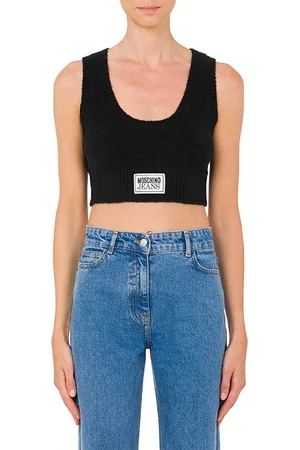 Moschino Logo Label BouclÉ Crop Top Black