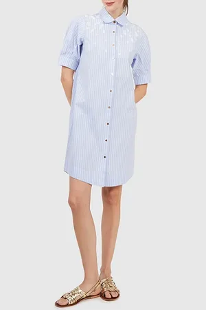 ICODE Sky Blue Striped Shirt Dress, Embroidered Dickey