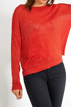 ICODE Carnelian Red&gold Openwork Fine Knit Sweater