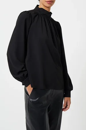 French Connection Arina Solid Button Neck Top Black