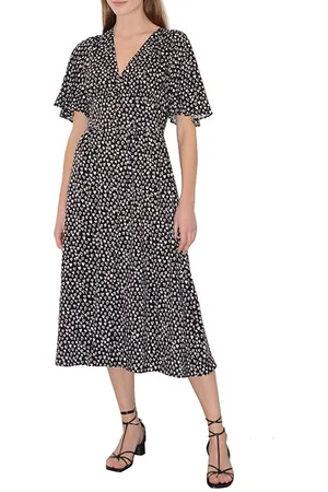 French Connection Heart Print Ss V Nk Midi Drs Black