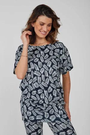 DIDI Long Loose Tee Short Sleeves Print Darkblue With Feathers Pr