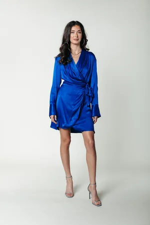 Colourful rebel Dorin Uni Satin Mini Wrap Dress Vibrant Blue