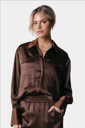 Colourful rebel Oletta Satin Button Down Blouse Dark Brown