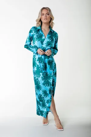 Colourful rebel Delilah Flowers Satin Collar Maxi Dress Mist Blue