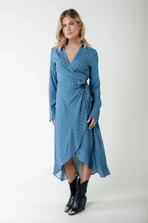 Colourful rebel Lea Small Geo Wrap Midi Dress Ls Dark Petrol