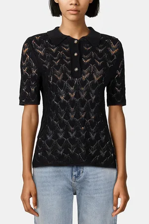 Reiss Crochet Knit Polo Black