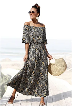 Lascana Maxi-jurk met bloemenprint en carmen halslijn, zomerjurk, strandjurk