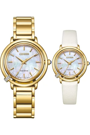 Citizen Solarhorloge Horloge, dameshorloge, diamanten, saffierglas, stalen armband (set, 2-delig, Met verwisselbaar bandje van veganistisch leer (appel))
