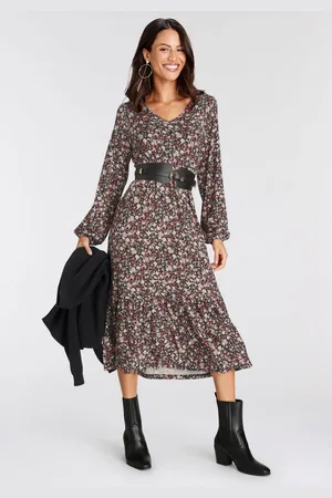 Laura Scott Midi-jurk kuitlang, gebloemde look, van viscosemix, lange mouwen