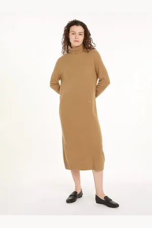 Tommy Hilfiger Gebreide jurk WOOL CASH ROLL-NK LONG DRESS met logo-borduursel, in riblook