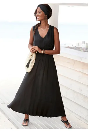 QS by s.Oliver Maxi-jurk gemaakt van crêpe viscose met striksluiting in de hals, zomerjurk, strandjurk