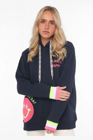Zwillingsherz Hoodie Always Happy met smiley-print van frotté en neon details