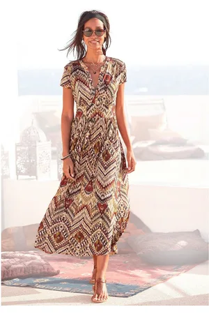 Lascana Midi-jurk met etnische print en rits aan de voorkant, zomerjurk, strandjurk