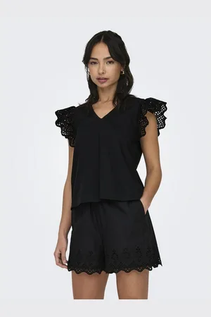 ONLY Shirt met V-hals ONLLOU EMB S/S FRILL TOP PTM
