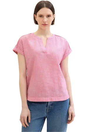 TOM TAILOR Blouse zonder sluiting Korte mouw, met geweven structuur en V-halslijn