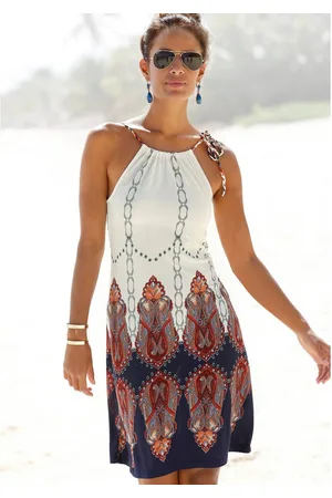 beachtime Strandjurk met gevlochten bandjes in all-over print, kort zomerjurkje