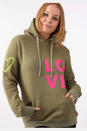 Zwillingsherz Hoodie met geborduurd neonhart op de mouw en "love"-schrift op koord