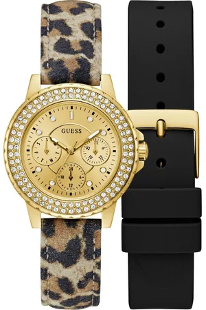 Guess Multifunctioneel horloge CROWN JEWEL Horloge, quartzhorloge, dameshorloge (set, 2-delig, Met zwart siliconen verwisselbaar bandje)