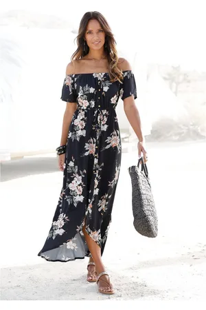 Lascana Maxi-jurk in trendy vokuhila-snit en carmen-halslijn, zomerjurk