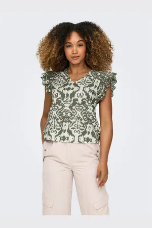 ONLY Shirt met V-hals ONLLOU EMB S/S FRILL TOP PTM