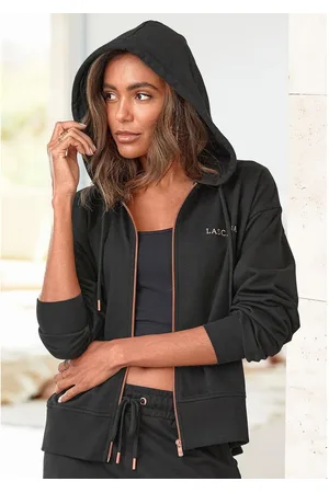 Lascana Capuchonsweatvest Homewear met koperkleurige rits en logo-borduursel, loungewear