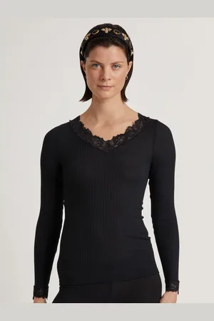 Calida Shirt met lange mouwen Silky Wool Joy met kant aan de halslijn en boorden