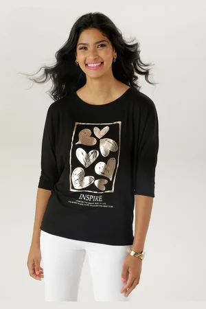 Aniston Shirt met 3/4 mouwen met gouden harten en statementtekst - nieuwe collectie