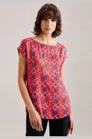 Seidensticker Shirtblouse Zwarte roos Korte mouwen ronde hals print