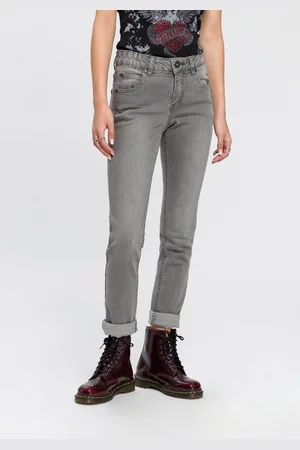 ARIZONA Slim fit jeans Tailleband met zij-elastiek inzet smalle pasvorm, skinny jeans, used-wassing, hoge taille