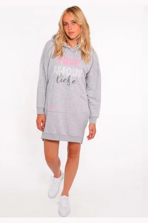 Zwillingsherz Sweatjurk "Love Amour Liefde" met praktische voorzakken en bedrukte koord