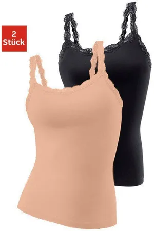 Lascana Hemd van elastische katoen met delicate kant, spaghettiträger-top (2 stuks, Set van 2)