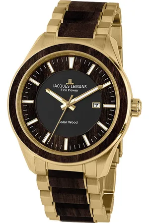 Jacques Lemans Solarhorloge Eco Power Solar Wood, 1-2116J Horloge, herenhorloge, datum, houten wijzerplaat, roestvrijstalen band
