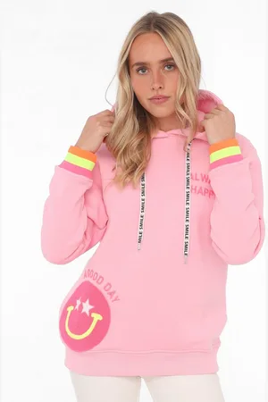 Zwillingsherz Hoodie Always Happy met smiley-print van frotté en neon details