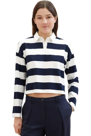 TOM TAILOR Poloshirt met lange mouwen met strepen en polokraag, extra kort