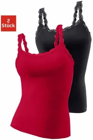 Lascana Hemd van elastische katoen met delicate kant, spaghettiträger-top (2 stuks, Set van 2)