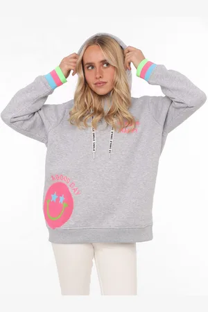 Zwillingsherz Hoodie Always Happy met smiley-print van frotté en neon details