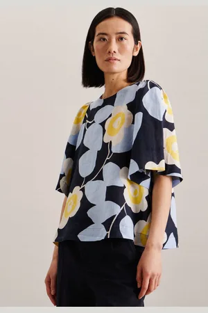 Seidensticker Shirtblouse Zwarte roos Korte mouwen ronde hals print