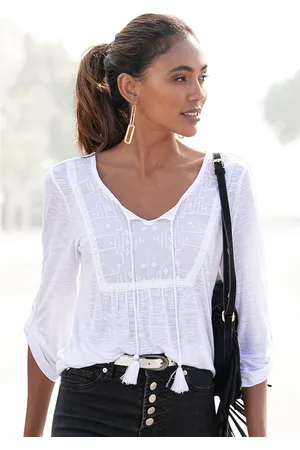 Buffalo Strandshirt met borduursel en kwastjes, tuniek, 3/4 mouw, blouseshirt