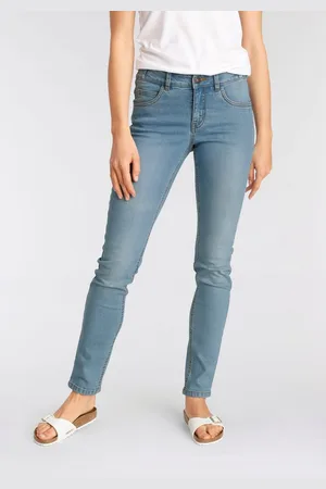 ARIZONA Slim fit jeans Tailleband met zij-elastiek inzet smalle pasvorm, skinny jeans, used-wassing, hoge taille