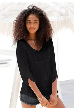 Buffalo Strandshirt met borduursel en kwastjes, tuniek, 3/4 mouw, blouseshirt