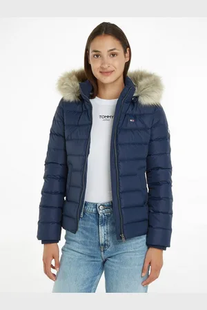 Tommy Hilfiger Donsjack BASIC HOODED DOWN JACKET met imitatiebont aan de capuchon & -merklabel