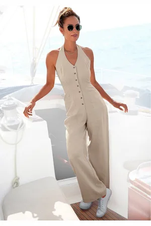 Lascana Jumpsuit met halterbandjes van linnenmix, zomerse jumpsuit met wijde pijpen