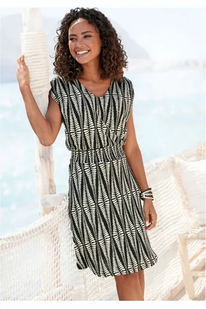 Lascana Jerseyjurk met brede smockband, kort zomerjurk in alloverprint, strandjurk