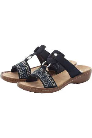 Rieker Slippers , sleehak, zomerschoen, pantoffels met mooi borduursel