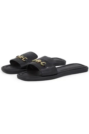 Tommy Hilfiger Slippers LEATHER HORSEBIT MULE , flats, zomerschoen, comfortabele schoen met gouden decoratieve gesp